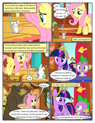 Size: 612x792 | Tagged: safe, artist:newbiespud, edit, edited screencap, imported from derpibooru, screencap, fluttershy, harry, spike, twilight sparkle, bear, dragon, mouse, pegasus, pony, rabbit, squirrel, unicorn, comic:friendship is dragons, magical mystery cure, animal, comic, dialogue, element of magic, eyelashes, female, fork, grin, indoors, looking back, male, mare, raised hoof, screencap comic, smiling, spoon, unicorn twilight