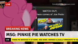 Size: 1280x720 | Tagged: safe, imported from derpibooru, pinkie pie, pony, baseball cap, breaking news, cap, city, hat, image, irl, maga hat, news, photo, television, tv show, water