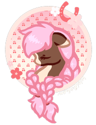Size: 1066x1382 | Tagged: safe, artist:weißchen, oc, oc only, oc:cherry blossom, pony, abstract background, braid, bust, cherry, cherry blossoms, circle, coat markings, colored, cute, eyes closed, female, flat colors, floppy ears, flower, flower blossom, food, hairband, head, horseshoes, long hair, mare, markings, portrait, profile, side view, simple background, solo, solo female, transparent background