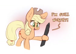 Size: 1200x850 | Tagged: safe, artist:heir-of-rick, imported from ponybooru, applejack, earth pony, pony, dialogue, female, freckles, hat, hoof hold, mare, meme, pencil, simple background, solo, stylus, traditional art, white background