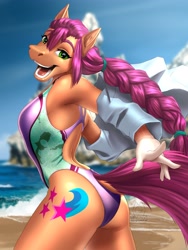 Size: 3072x4096 | Tagged: safe, artist:mykegreywolf, imported from derpibooru, sunny starscout, anthro, earth pony, beach, breasts, clothes, cute, female, g5, looking at you, ocean, one-piece swimsuit, solo, sunnybetes, swimsuit