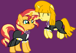 Size: 755x526 | Tagged: safe, artist:jadeharmony, artist:jadethepegasus, artist:miatdm, imported from derpibooru, sunset shimmer, oc, oc:tippy toes, pony, unicorn, base used, bowtie, clothes, duo, eyes closed, female, grin, jumping, mare, pants, purple background, shirt, simple background, skirt, smiling, suit