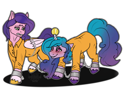 Size: 2732x2048 | Tagged: safe, artist:sursiq, imported from derpibooru, izzy moonbow, pipp petals, pegasus, pony, unicorn, adorapipp, ball, blushing, bound wings, chains, clothes, commission, commissioner:rainbowdash69, cute, duo, female, females only, full body, fullbody, g5, high res, horn, horn impalement, hornball, izzy's tennis ball, mare, never doubt rainbowdash69's involvement, prison outfit, prisoner im, tennis ball, watermark, wings