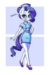 Size: 1100x1600 | Tagged: safe, artist:melliedraws, imported from derpibooru, rarity, anthro, plantigrade anthro, unicorn, blushing, clothes, dress, eyeshadow, face mask, hat, high heels, long eyelashes, makeup, mask, nail polish, nurse, nurse hat, nurse outfit, shoes, solo