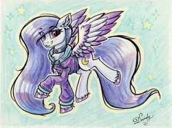 Size: 3600x2683 | Tagged: safe, artist:dandy, imported from derpibooru, oc, oc only, pegasus, pony, choker, clothes, colored pencil drawing, colored wings, ear fluff, eye clipping through hair, female, gradient wings, high res, hoodie, looking at you, raffle prize, signature, simple background, solo, traditional art, unshorn fetlocks, wings