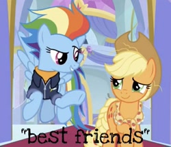 Size: 1255x1080 | Tagged: safe, edit, edited screencap, imported from derpibooru, screencap, applejack, rainbow dash, earth pony, pegasus, pony, the last problem, appledash, applejack's hat, best friends, canon ship, clothes, cowboy hat, cropped, duo, duo female, female, hat, implied lesbian, jacket, lesbian, meme, older, older applejack, older rainbow dash, shipping, shipping fuel, text