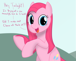 Size: 1200x965 | Tagged: safe, artist:mightyshockwave, imported from derpibooru, pinkie pie, earth pony, pony, alternate hairstyle, bipedal, female, implied cheese sandwich, implied twilight sparkle, looking at you, open mouth, open smile, pinkamena diane pie, smiling, solo, straight mane