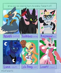 Size: 857x1024 | Tagged: safe, artist:pegacats, imported from derpibooru, princess luna, bird, cat, dragon, rabbit, six fanarts, animal, animal crossing, anthro with ponies, basket, bedroom eyes, clothes, crescent moon, cross-popping veins, crossdressing, crossed arms, crossover, ethereal mane, glasses, heterochromia, how to train your dragon, jewelry, lola bunny, looney tunes, lurantis, maid, moon, peytral, pokémon, raymond, space jam, starry mane, stars, the legend of zelda, tiara, toothless the dragon