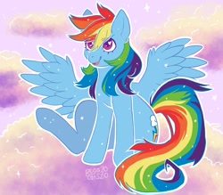 Size: 2048x1792 | Tagged: safe, artist:pegacats, imported from derpibooru, rainbow dash, pegasus, pony, backwards cutie mark, cloud, cute, dashabetes, ethereal mane, eye clipping through hair, eyelashes, female, heart eyes, mare, on a cloud, open mouth, open smile, outdoors, sitting, smiling, solo, starry mane, wingding eyes
