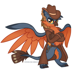 Size: 1000x976 | Tagged: safe, artist:jennieoo, imported from derpibooru, oc, oc only, oc:sparrow, griffon, cowboy, cowboy hat, crossed arms, griffon oc, hat, show accurate, simple background, solo, spread wings, transparent background, vector, wings