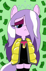 Size: 1336x2048 | Tagged: safe, artist:tenebrousmelancholy, imported from derpibooru, diamond tiara, anthro, earth pony, cash, clothes, digital art, drip, eyeshadow, female, gangsta, jacket, loose hair, makeup, money, raining money, rich, simple background, smug, socks, solo, thigh highs