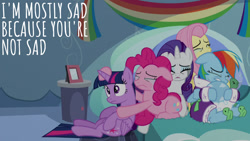 Size: 1280x720 | Tagged: safe, edit, edited screencap, editor:quoterific, imported from derpibooru, screencap, fluttershy, pinkie pie, rainbow dash, rarity, tank, twilight sparkle, alicorn, earth pony, pegasus, pony, tortoise, unicorn, season 5, tanks for the memories, crying, eyes closed, female, hug, male, mare, open mouth, rainbow dash's house, sad, twilight sparkle (alicorn)