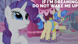 Size: 1280x720 | Tagged: safe, edit, edited screencap, editor:quoterific, imported from derpibooru, screencap, rarity, sapphire shores, earth pony, pony, unicorn, a dog and pony show, season 1, butt, carousel boutique, clothes, cute, dress, female, mare, open mouth, plot, raribetes