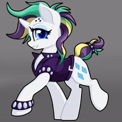 Size: 2822x2820 | Tagged: safe, artist:gleamyd, artist:gleamydreams, imported from derpibooru, rarity, pony, unicorn, alternate hairstyle, bracelet, clothes, female, high res, jewelry, looking at you, mare, punk, raripunk, smiling, vest, walking