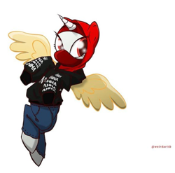 Size: 561x554 | Tagged: safe, artist:tialtri, artist:weirdarttb, imported from derpibooru, oc, oc only, oc:sinar bulan indonesia, alicorn, pony, black hoodie, clothes, colored wings, hijab, hoodie, indonesia, islam, looking back, mask, pants, signature, simple background, solo, transparent background, white background, wings