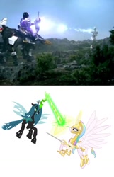 Size: 1019x1578 | Tagged: safe, imported from derpibooru, screencap, princess celestia, queen chrysalis, armor, centaur megazord, fantasy class, female, koragg, magimother, magiranger, mahou sentai magiranger, male, mystic force, photo, power rangers, power rangers mystic force, super sentai, warrior, warrior celestia, white ranger, wolkentauros, wolzard