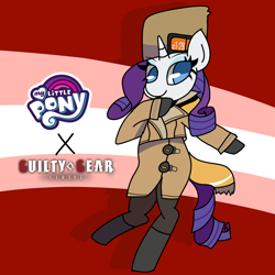 Size: 4900x4900 | Tagged: safe, artist:mythril azure, imported from derpibooru, rarity, pony, unicorn, bipedal, clothes, coat, costume, female, guilty gear, hat, millia rage, pants, solo