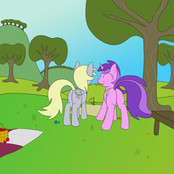 Size: 4000x4000 | Tagged: safe, artist:librarylonging, imported from derpibooru, amethyst star, derpy hooves, sparkler, pegasus, pony, unicorn, amethyst butt, apple, basket, butt, female, food, horseshoes, mare, plot, sand, table, tree