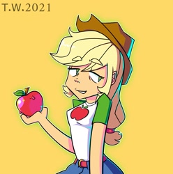 Size: 1267x1277 | Tagged: safe, artist:beefgummies, imported from derpibooru, applejack, equestria girls, apple, applejack's hat, belt, belt buckle, breasts, clothes, cowboy hat, dripping, food, fruit, hat, looking sideways, looking to side, one arm up, shirt, simple background, skirt, smiling, yellow background