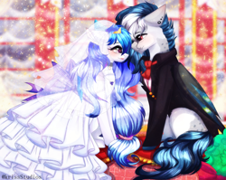 Size: 4000x3179 | Tagged: safe, artist:krissstudios, imported from derpibooru, oc, oc only, bat pony, clothes, dress, female, male, mare, marriage, stallion, suit, wedding, wedding dress