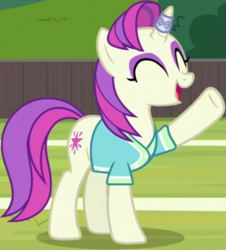 Size: 521x577 | Tagged: safe, imported from derpibooru, screencap, asteria, pony, unicorn, 2 4 6 greaaat, season 9, spoiler:s09, buckball, clothes, cropped, eyes closed, female, horn, horn ring, jewelry, mare, open mouth, raised hoof, ring, solo