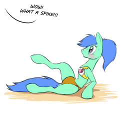 Size: 4096x4096 | Tagged: safe, artist:naivintage, imported from derpibooru, oc, oc only, oc:spearmint, earth pony, pony, beach volleyball, blushing, clothes, crossdressing, lying down, male, olympics, raised leg, simple background, solo, sports, sports bra, sports panties, spread legs, spreading, stallion, sweat, text, white background