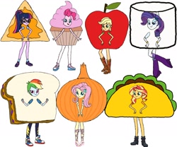 Size: 2388x1987 | Tagged: safe, artist:kigtoons, imported from derpibooru, applejack, fluttershy, pinkie pie, rainbow dash, rarity, sci-twi, sunset shimmer, twilight sparkle, equestria girls, apple, apple costume, chips, clothes, costume, cupcake, cupcake costume, food, food costume, humane five, humane seven, humane six, marshmallow, marshmallow costume, nacho costume, nachos, onion, onion costume, peanut butter and jelly, rarity is a marshmallow, sandwich, sandwich costume, simple background, taco, taco costume, white background