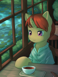 Size: 3566x4743 | Tagged: safe, artist:aquoquoo, imported from derpibooru, cinnamon tea, pony, unicorn, cafe, clothes, colt, complex background, curved horn, foal, horn, lilypad, male, solo, table, window