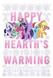 Size: 550x800 | Tagged: safe, imported from derpibooru, applejack, pinkie pie, rainbow dash, rarity, twilight sparkle, alicorn, earth pony, pegasus, pony, unicorn, antlers, applejack's hat, christmas, clothes, coat, cowboy hat, cropped, design, female, g4, hat, hearth's warming, holiday, mare, merchandise, official, santa hat, shirt design, simple background, snow, snowflake, sweater, text, transparent background, twilight sparkle (alicorn)