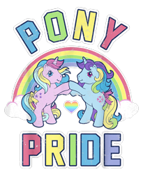 Size: 900x1099 | Tagged: safe, imported from derpibooru, sundance, twilight, pony, unicorn, alternate design, alternate mane color, bipedal, bipedal leaning, cropped, design, female, g1, heart, leaning, lgbt, mare, merchandise, official, pride, race swap, rainbow, shirt design, simple background, text, transparent background, twilight (g1)