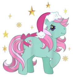 Size: 900x950 | Tagged: safe, imported from derpibooru, minty, earth pony, pony, christmas, cropped, design, female, g1, g3, g3 to g1, generation leap, hat, holiday, mare, merchandise, official, santa hat, shirt design, simple background, snow, snowflake, solo, stars, transparent background