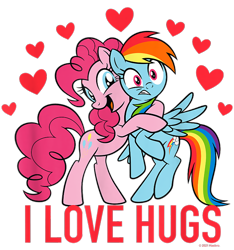 Size: 750x800 | Tagged: safe, imported from derpibooru, pinkie pie, rainbow dash, earth pony, pegasus, pony, cropped, design, duo, female, g4, heart, holiday, hug, mare, merchandise, official, shirt design, simple background, text, transparent background, valentine's day