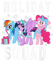 Size: 750x850 | Tagged: safe, imported from derpibooru, pinkie pie, rainbow dash, twilight sparkle, alicorn, earth pony, pegasus, pony, bipedal, bow, christmas, cropped, design, female, g4, holiday, mare, merchandise, official, present, ribbon, shirt design, simple background, text, transparent background, twilight sparkle (alicorn)