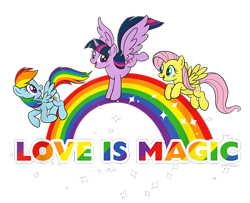 Size: 800x650 | Tagged: safe, imported from derpibooru, fluttershy, rainbow dash, twilight sparkle, alicorn, pegasus, pony, cropped, design, female, flying, g4, mare, merchandise, official, pride, pride flag, rainbow, shirt design, simple background, text, transparent background, twilight sparkle (alicorn), wrong eye color