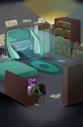 Size: 724x1103 | Tagged: safe, artist:candyclumsy, imported from derpibooru, oc, oc only, oc:ebony star, pony, unicorn, comic:revolution of harmony, bed, book, bookshelf, desk, female, mare, room, sword, weapon, window