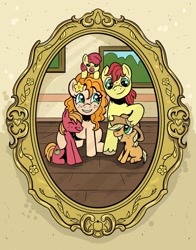 Size: 1605x2048 | Tagged: safe, artist:alli_doodlez, imported from derpibooru, apple bloom, applejack, big macintosh, bright mac, pear butter, earth pony, pony, baby, baby apple bloom, bust, colt big macintosh, eyes closed, family photo, female, filly, filly applejack, grin, male, pacifier, portrait, smiling, younger