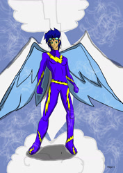 Size: 1240x1754 | Tagged: safe, artist:foxgearstudios, imported from derpibooru, soarin', human, clothes, cloud, goggles, humanized, male, on a cloud, solo, winged humanization, wings