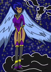 Size: 1240x1754 | Tagged: safe, artist:foxgearstudios, imported from derpibooru, nightshade, human, clothes, cloud, costume, dark skin, female, goggles, humanized, night, on a cloud, shadowbolts, shadowbolts costume, solo, stars, winged humanization, wings