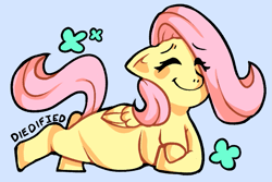 Size: 807x540 | Tagged: safe, artist:diedified, imported from derpibooru, fluttershy, pegasus, pony, eye clipping through hair, eyes closed, female, heart, lying down, mare, missing cutie mark, prone, simple background, smiling, solo