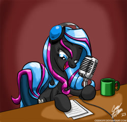 Size: 1500x1433 | Tagged: safe, artist:ceehoff, imported from derpibooru, oc, oc only, oc:scribbler, earth pony, pony, earth pony oc, female, headphones, mare, microphone, mug, signature, solo