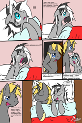 Size: 1500x2248 | Tagged: safe, artist:srmario, imported from derpibooru, oc, oc only, oc:doctiry, oc:doom, alicorn, pony, unicorn, alicorn oc, bed, comic, crying, dialogue, eyelashes, eyes closed, female, horn, implied nightmare, male, mare, open mouth, salute, signature, sleeping, stallion, tears of joy, unicorn oc, wings