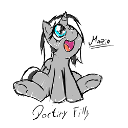 Size: 1000x1000 | Tagged: safe, artist:srmario, imported from derpibooru, oc, oc only, oc:doctiry, alicorn, pony, alicorn oc, cute, eyelashes, female, filly, happy, horn, looking up, mare, open mouth, simple background, sitting, smiling, solo, underhoof, white background, wings