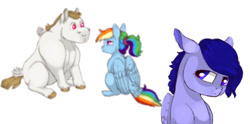 Size: 1267x630 | Tagged: safe, artist:ukulelepineapplecat, imported from derpibooru, bulk biceps, rainbow dash, oc, oc:indigo, oc:indigo rain, pegasus, pony, bulkdash, female, male, mare, offspring, parent:rainbow dash, parent:soarin', parents:soarindash, pegasus oc, rainbulk, shipping, simple background, stallion, straight, white background, wings