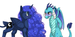 Size: 1280x637 | Tagged: safe, artist:ukulelepineapplecat, imported from derpibooru, princess ember, princess luna, alicorn, dragon, pony, blushing, dragoness, ethereal mane, female, horns, lesbian, mare, shipping, simple background, starry mane, story included, white background, wings