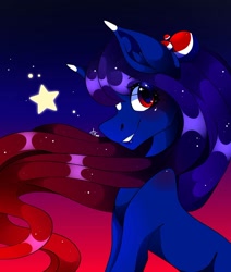 Size: 1080x1275 | Tagged: safe, artist:tessa_key_, imported from derpibooru, earth pony, pony, abstract background, bust, ethereal mane, female, grin, mare, pepsi, ponified, smiling, soda, solo, starry mane, stars