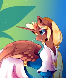 Size: 1080x1274 | Tagged: safe, artist:tessa_key_, imported from derpibooru, alicorn, pony, abstract background, alicornified, bedroom eyes, clothes, dress, eyelashes, female, horn, looking back, makeup, mare, ponified, princess zelda, race swap, solo, the legend of zelda, wings