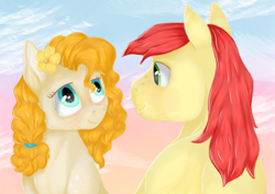 Size: 900x637 | Tagged: safe, artist:ukulelepineapplecat, imported from derpibooru, bright mac, pear butter, earth pony, pony, female, male, mare, outdoors, stallion