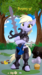 Size: 2160x3840 | Tagged: safe, artist:owlpirate, imported from derpibooru, derpy hooves, pegasus, semi-anthro, 3d, armadyl godsword, armor, bone, buying gf, chef's hat, coin, female, food, greatsword, hat, high res, looking at you, mare, muffin, runescape, smiling, smiling at you, solo, source filmmaker, sword, weapon