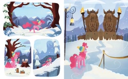 Size: 2375x1473 | Tagged: safe, artist:glenn thomas, imported from derpibooru, pinkie pie, earth pony, pony, best gift ever, a perfectly pinkie present, book, clothes, cupcake, female, fire, food, g4, lamp, little golden book, mare, official, scarf, snow, solo, statue, tree, tree stump, winter, winter hat, winter outfit, yakyakistan