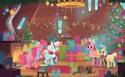 Size: 2375x1473 | Tagged: safe, artist:glenn thomas, imported from derpibooru, alice the reindeer, aurora the reindeer, bori the reindeer, pinkie pie, deer, earth pony, pony, reindeer, best gift ever, a perfectly pinkie present, book, christmas, christmas tree, clothes, female, g4, holiday, little golden book, mare, official, present, scarf, tree, winter hat, winter outfit